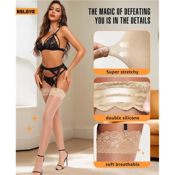 Women's Lace Top Thigh High Sheer Stockings Nude - Picture 3 of 5